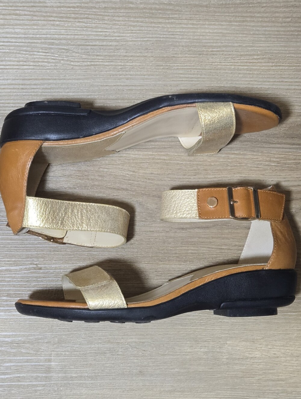 Women’s Gold & Tan Leather Ankle Strap Sandals - Picture 6 of 7
